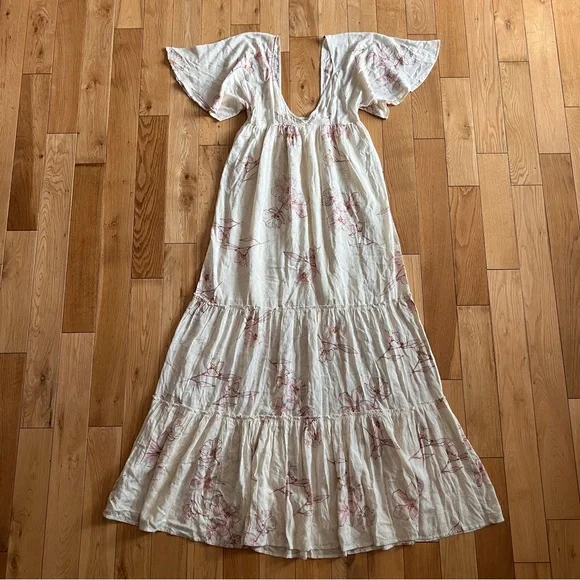 Billabong Seas the Day Ivory Floral Maxi V Neck Flutter Sleeve Tiered Dress Med - Picture 2 of 11